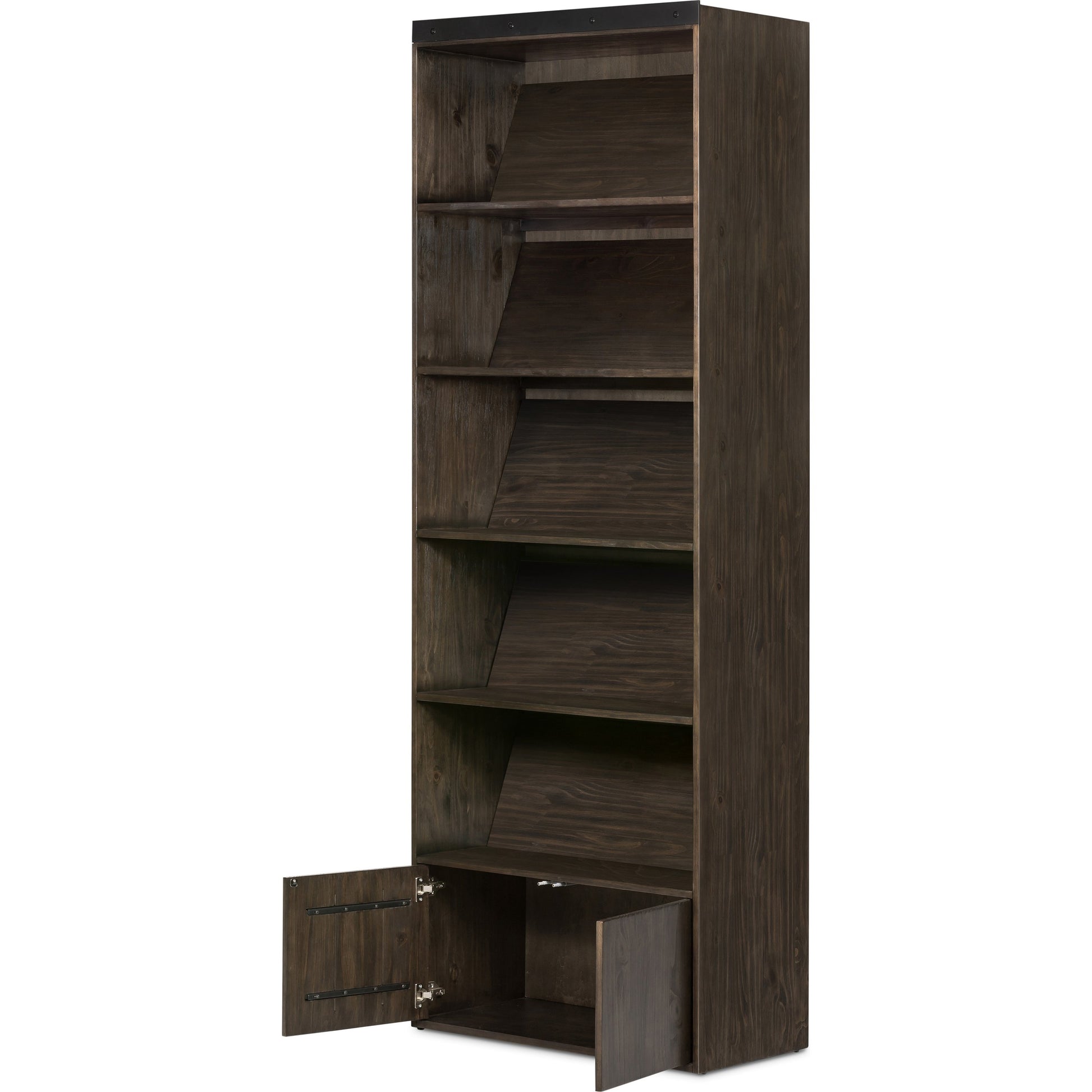 Bane Bookshelf by Four Hands in smoked pine, black iron. Made from solid pine, iron in a modern style.