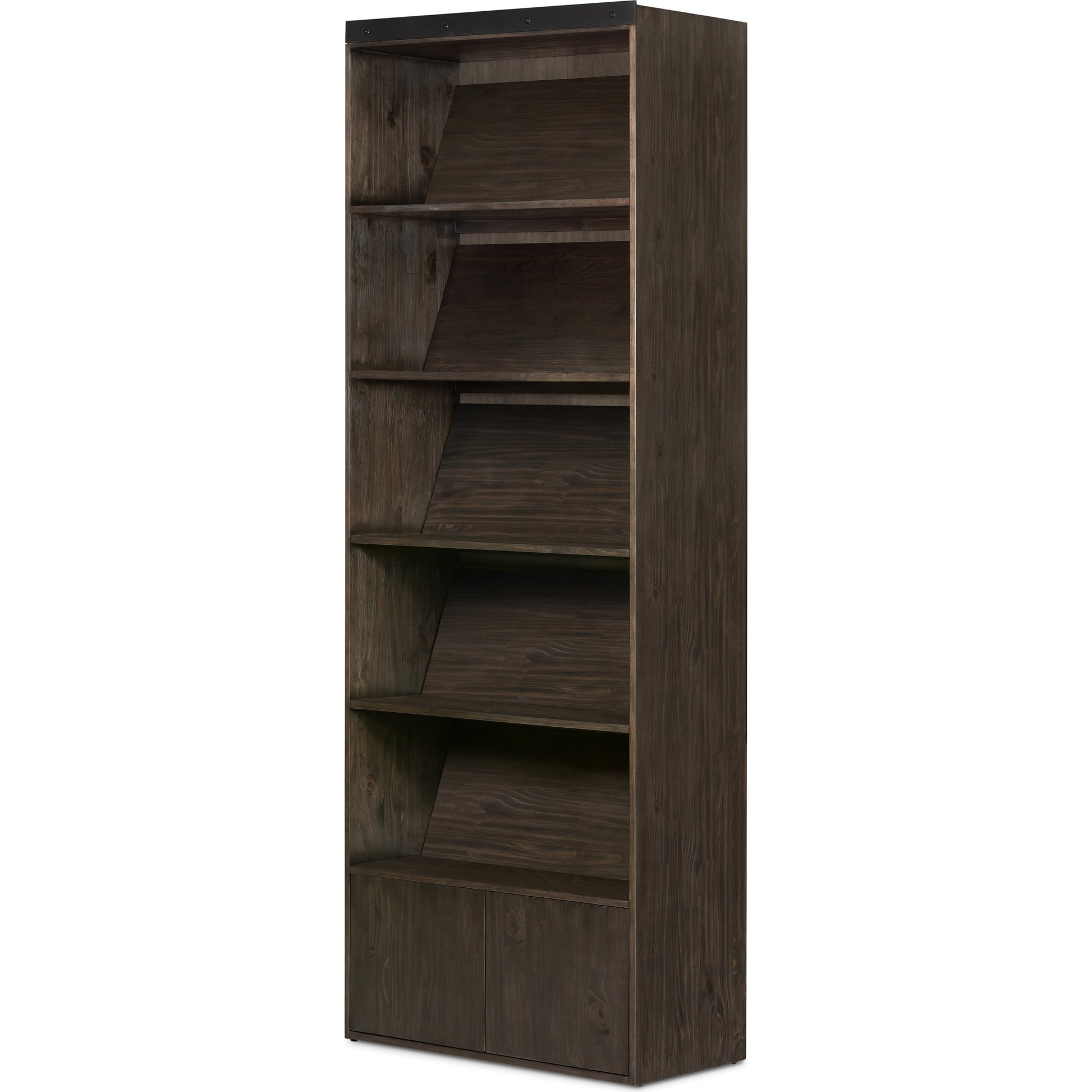 Bane Bookshelf by Four Hands in smoked pine, black iron. Made from solid pine, iron in a modern style.