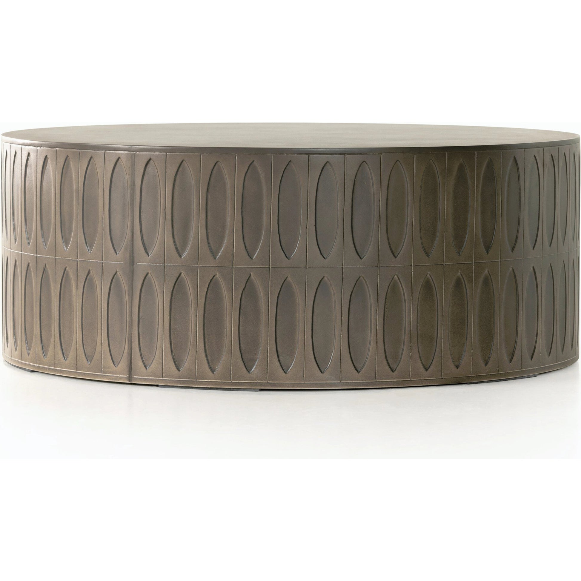 Colorado Drum Coffee Table by Four Hands in grey concrete and dark gray. Made from concrete in a eclectic & global style.