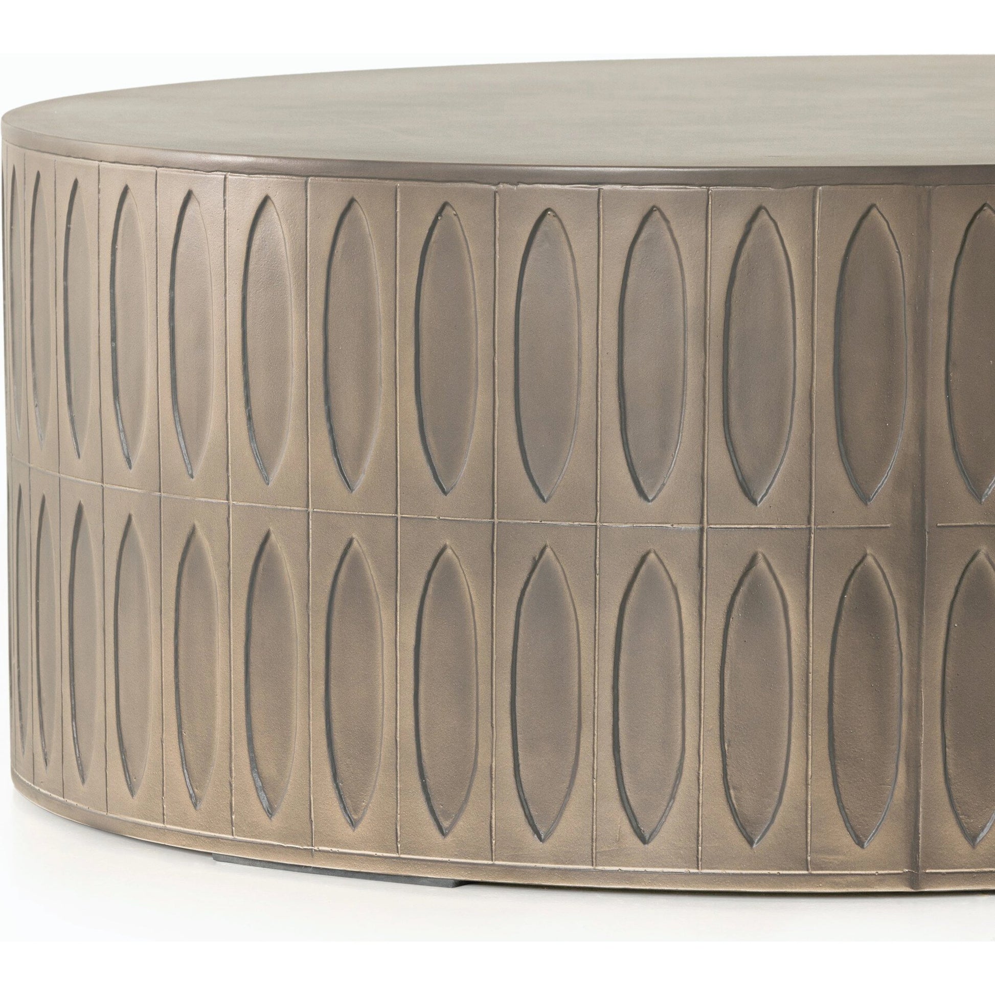Colorado Drum Coffee Table by Four Hands in grey concrete and dark gray. Made from concrete in a eclectic & global style.