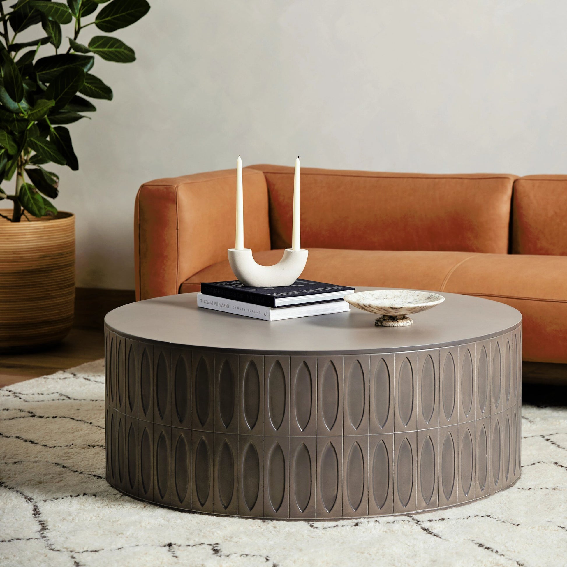 Colorado Drum Coffee Table by Four Hands in grey concrete and dark gray. Made from concrete in a eclectic & global style.