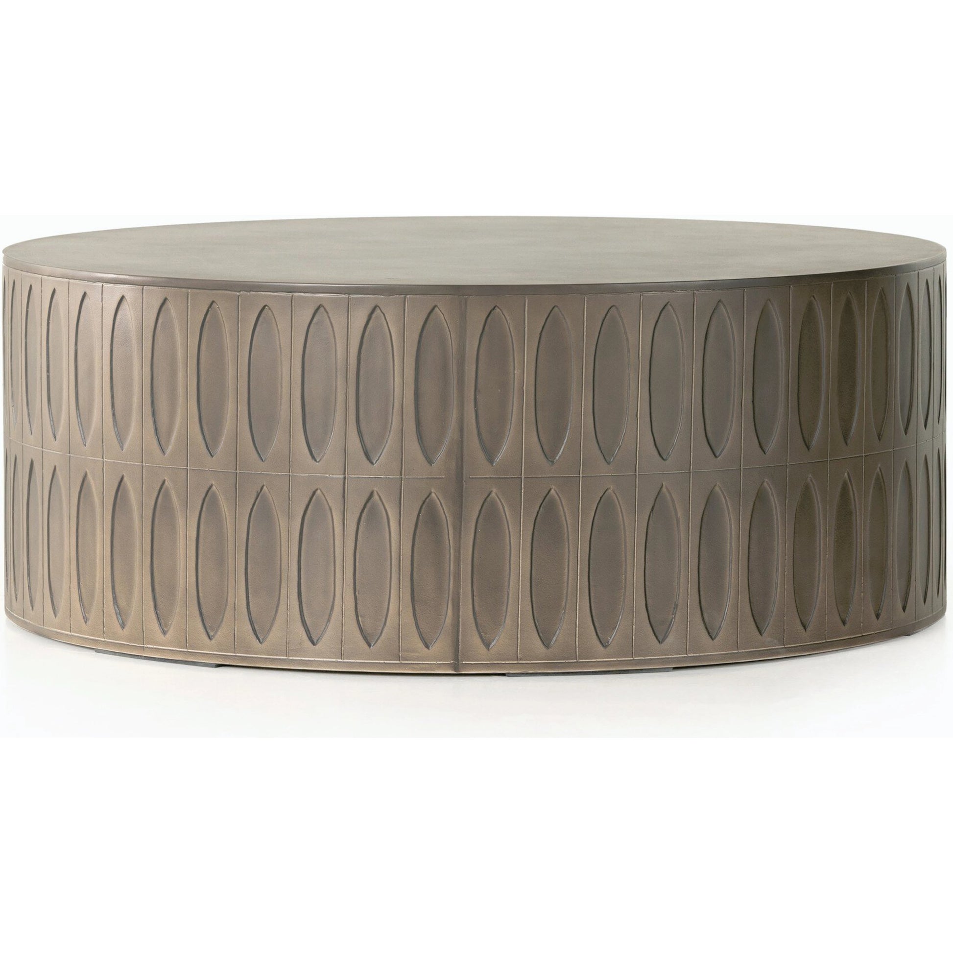 Colorado Drum Coffee Table by Four Hands in grey concrete and dark gray. Made from concrete in a eclectic & global style.