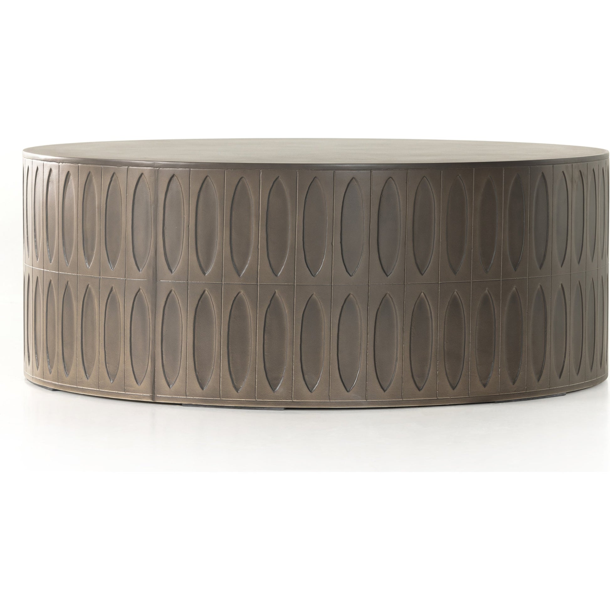 Colorado Drum Coffee Table by Four Hands in grey concrete and dark gray. Made from concrete in a eclectic & global style.