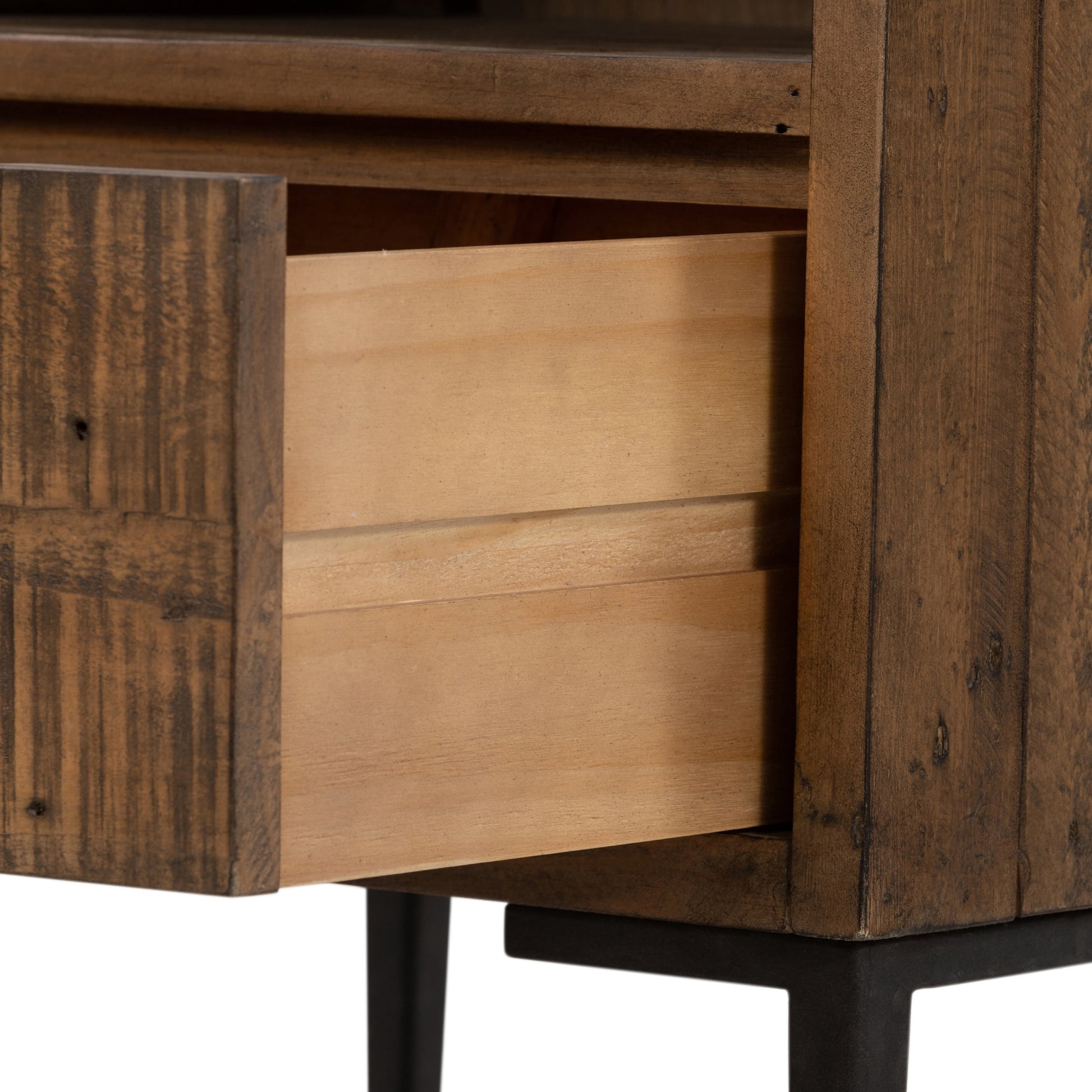 Wyeth Nightstand by Four Hands in dark carbon, antique brass. Made from solid reclaimed pine, iron in a modern style.