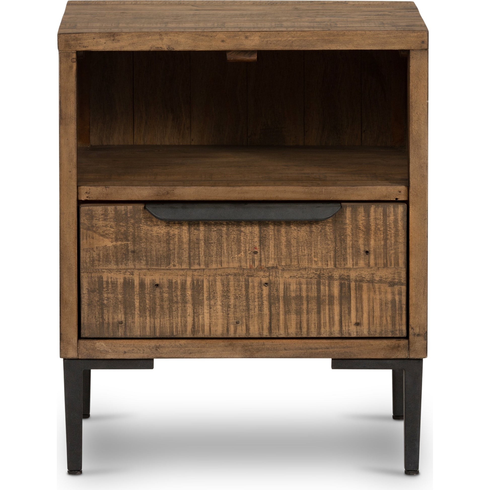 Wyeth Nightstand by Four Hands in dark carbon, antique brass. Made from solid reclaimed pine, iron in a modern style.