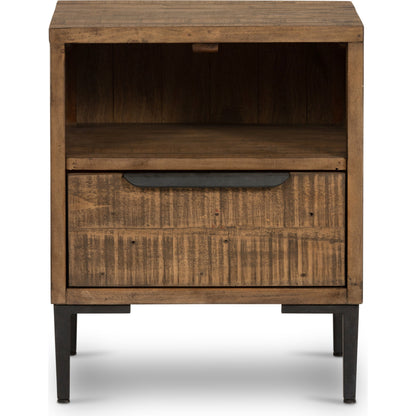 Wyeth Nightstand by Four Hands in dark carbon, antique brass. Made from solid reclaimed pine, iron in a modern style.