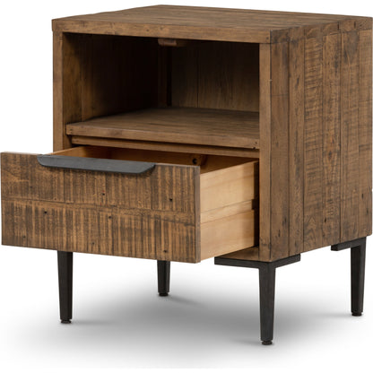 Wyeth Nightstand by Four Hands in dark carbon, antique brass. Made from solid reclaimed pine, iron in a modern style.