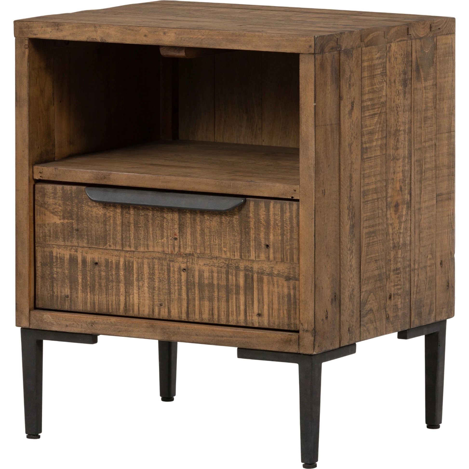 Wyeth Nightstand by Four Hands in dark carbon, antique brass. Made from solid reclaimed pine, iron in a modern style.