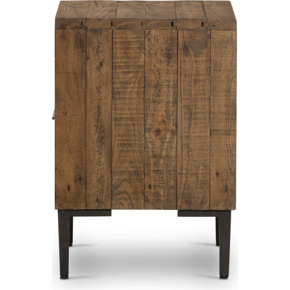 Wyeth Nightstand by Four Hands in dark carbon, antique brass. Made from solid reclaimed pine, iron in a modern style.