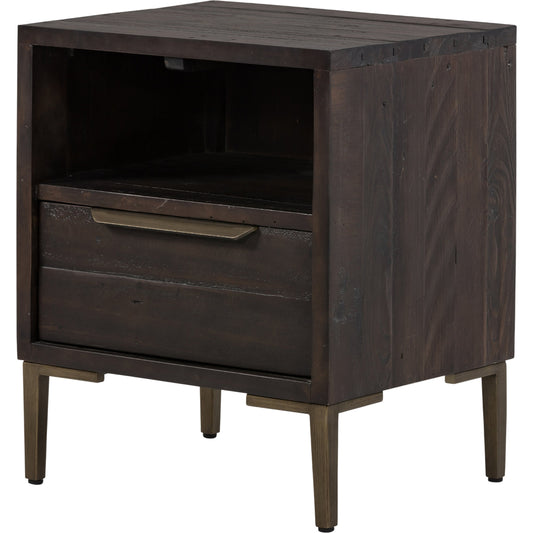 Wyeth Nightstand by Four Hands in dark carbon, antique brass. Made from solid reclaimed pine, iron in a modern style.