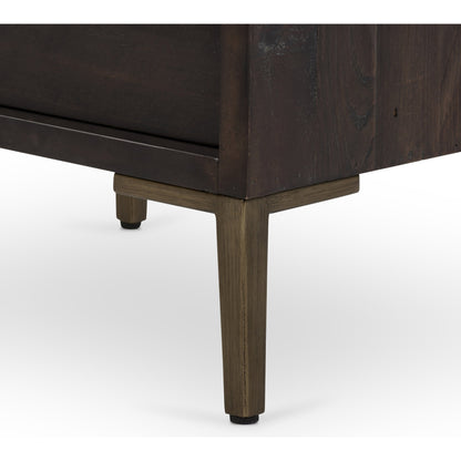Wyeth Nightstand by Four Hands in dark carbon, antique brass. Made from solid reclaimed pine, iron in a modern style.