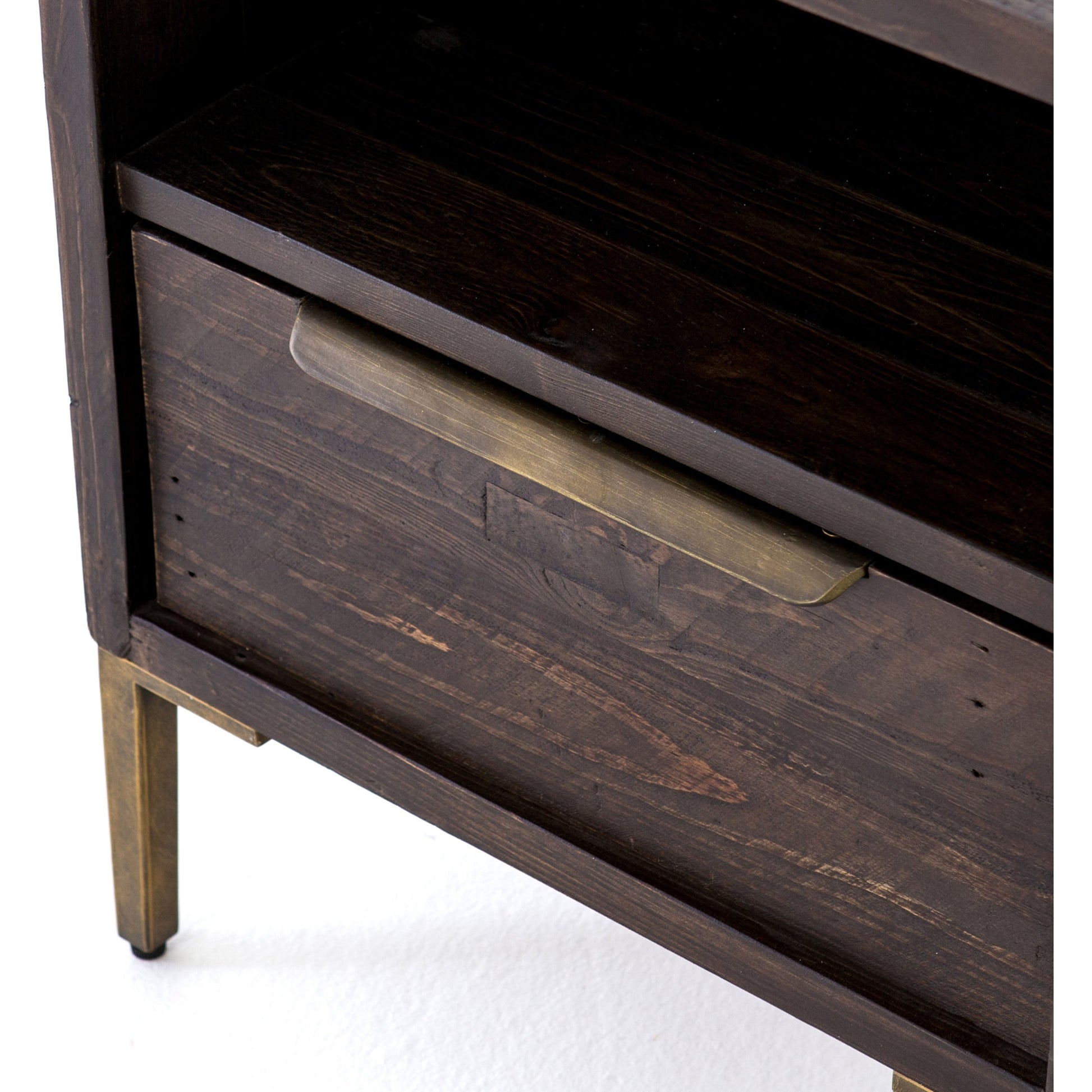 Wyeth Nightstand by Four Hands in dark carbon, antique brass. Made from solid reclaimed pine, iron in a modern style.