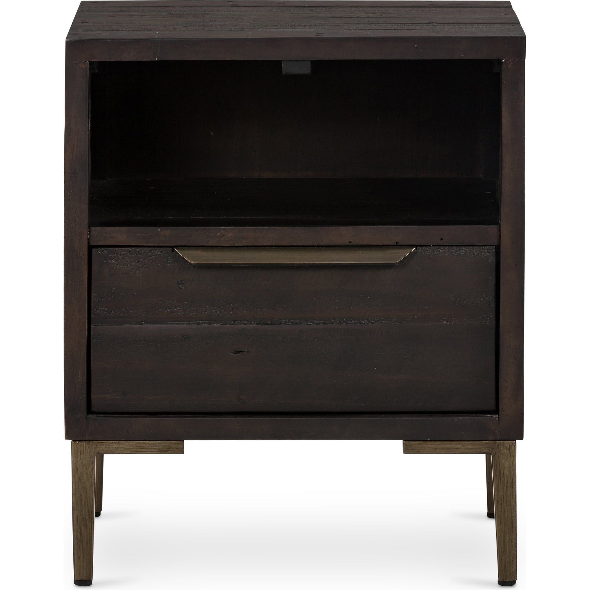 Wyeth Nightstand by Four Hands in dark carbon, antique brass. Made from solid reclaimed pine, iron in a modern style.