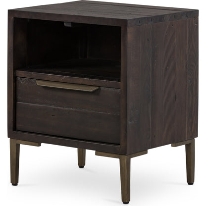 Wyeth Nightstand by Four Hands in dark carbon, antique brass. Made from solid reclaimed pine, iron in a modern style.