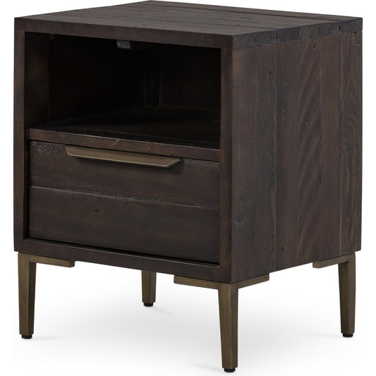Wyeth Nightstand by Four Hands in dark carbon, antique brass. Made from solid reclaimed pine, iron in a modern style.