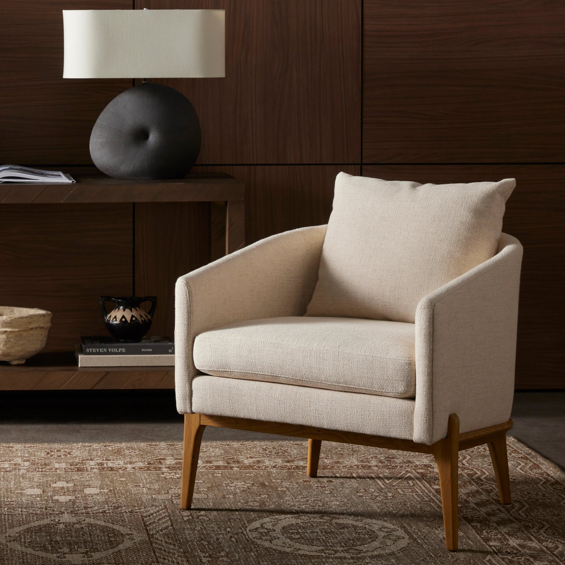Copeland Chair by Four Hands in orly natural and black oak. Made from 100% polyester, solid oak in a transitional style.