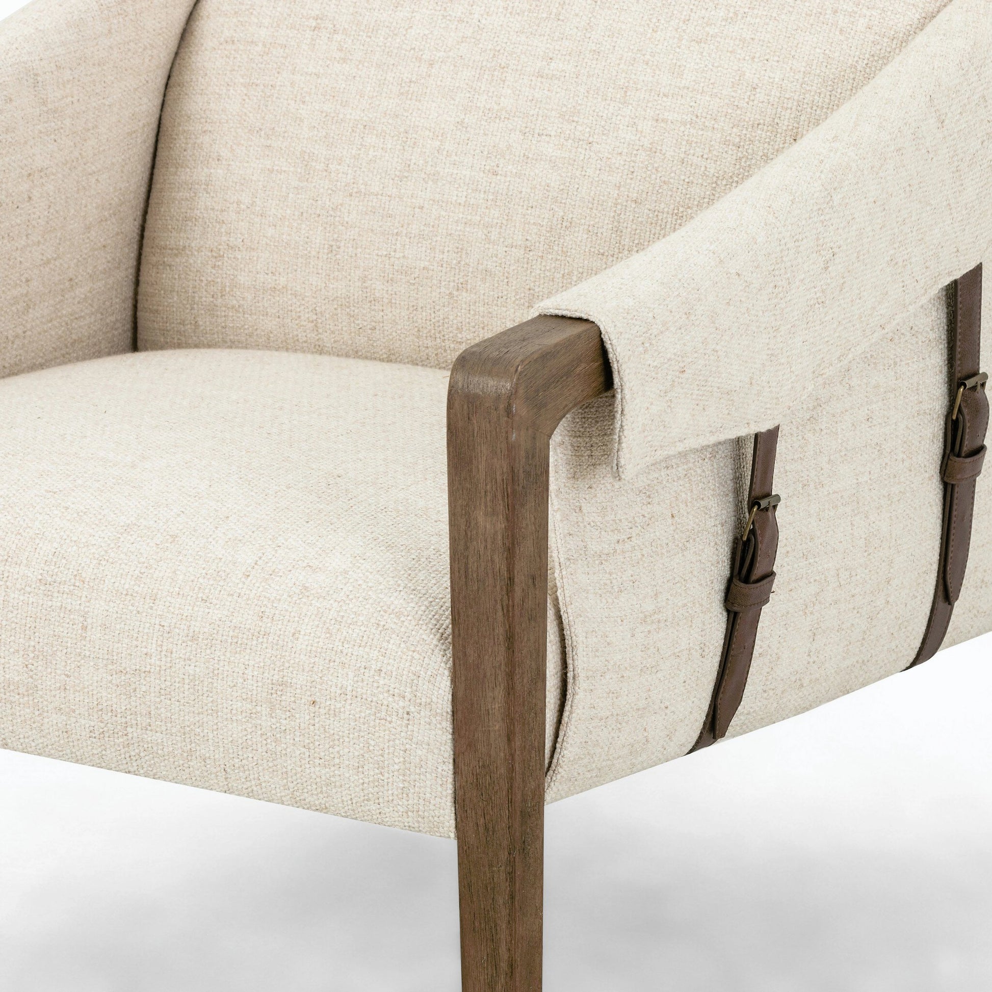 Bauer Chair by Four Hands in thames cream and distressed natural. Made from 66% polyester, 19% acrylic, 15% flax, linen, solid parawood, top grain leather in a modern style.