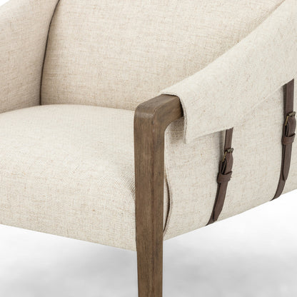 Bauer Chair by Four Hands in thames cream and distressed natural. Made from 66% polyester, 19% acrylic, 15% flax, linen, solid parawood, top grain leather in a modern style.