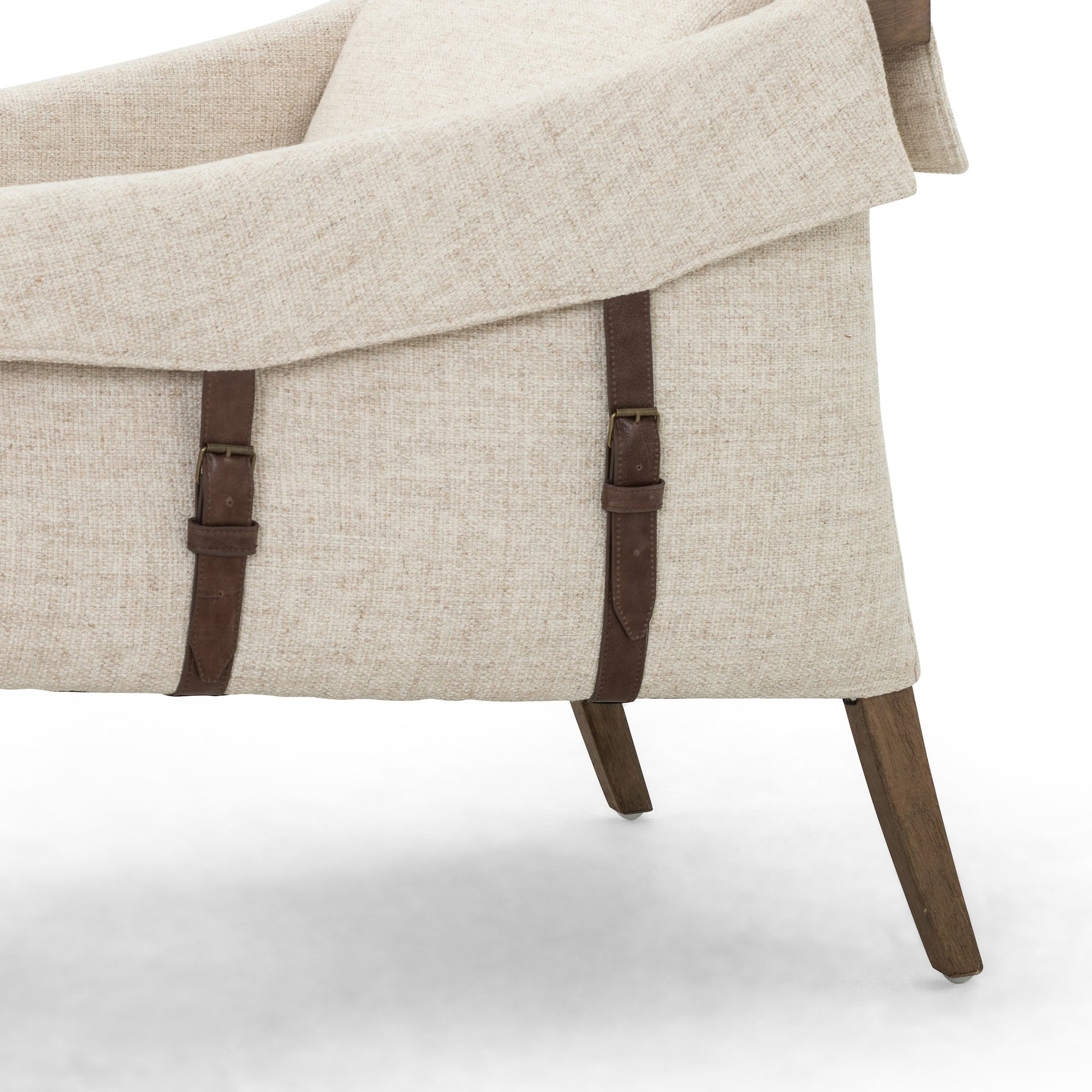 Bauer Chair by Four Hands in thames cream and distressed natural. Made from 66% polyester, 19% acrylic, 15% flax, linen, solid parawood, top grain leather in a modern style.