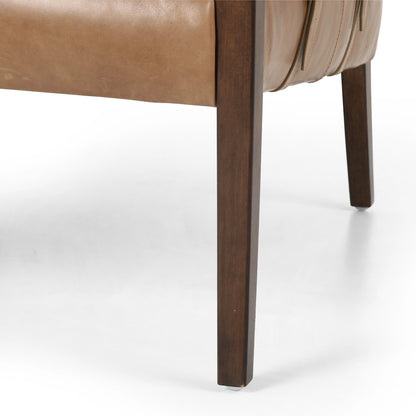 Bauer Chair by Four Hands in thames cream and distressed natural. Made from 66% polyester, 19% acrylic, 15% flax, linen, solid parawood, top grain leather in a modern style.