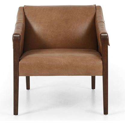 Bauer Chair by Four Hands in thames cream and distressed natural. Made from 66% polyester, 19% acrylic, 15% flax, linen, solid parawood, top grain leather in a modern style.