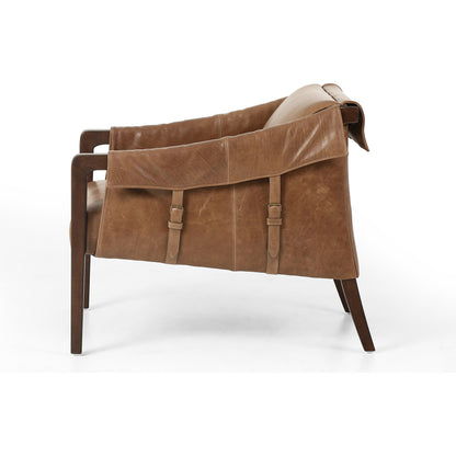 Bauer Chair by Four Hands in thames cream and distressed natural. Made from 66% polyester, 19% acrylic, 15% flax, linen, solid parawood, top grain leather in a modern style.