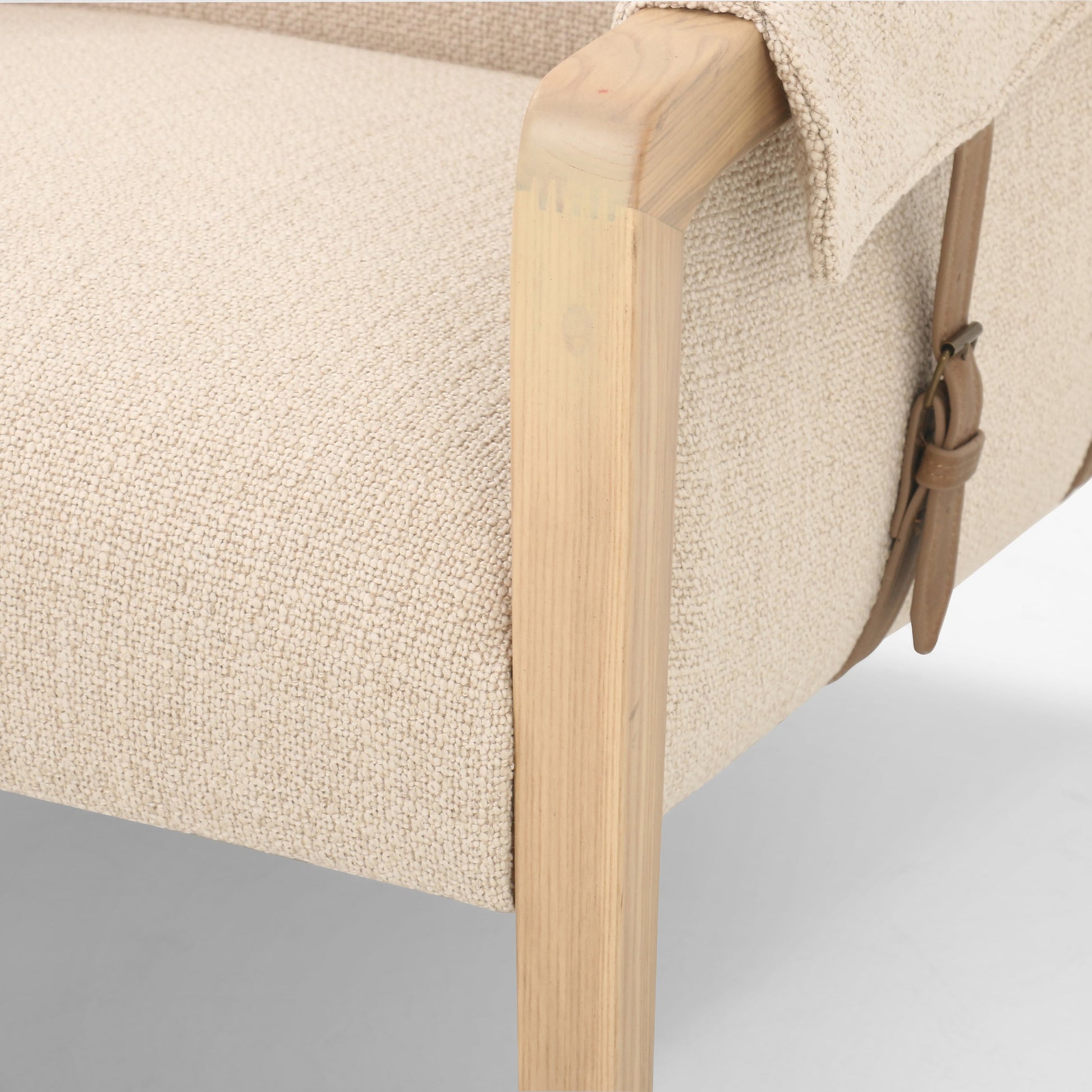 Bauer Chair by Four Hands in thames cream and distressed natural. Made from 66% polyester, 19% acrylic, 15% flax, linen, solid parawood, top grain leather in a modern style.