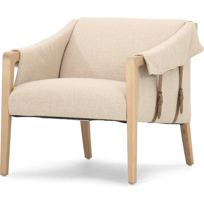 Bauer Chair by Four Hands in thames cream and distressed natural. Made from 66% polyester, 19% acrylic, 15% flax, linen, solid parawood, top grain leather in a modern style.