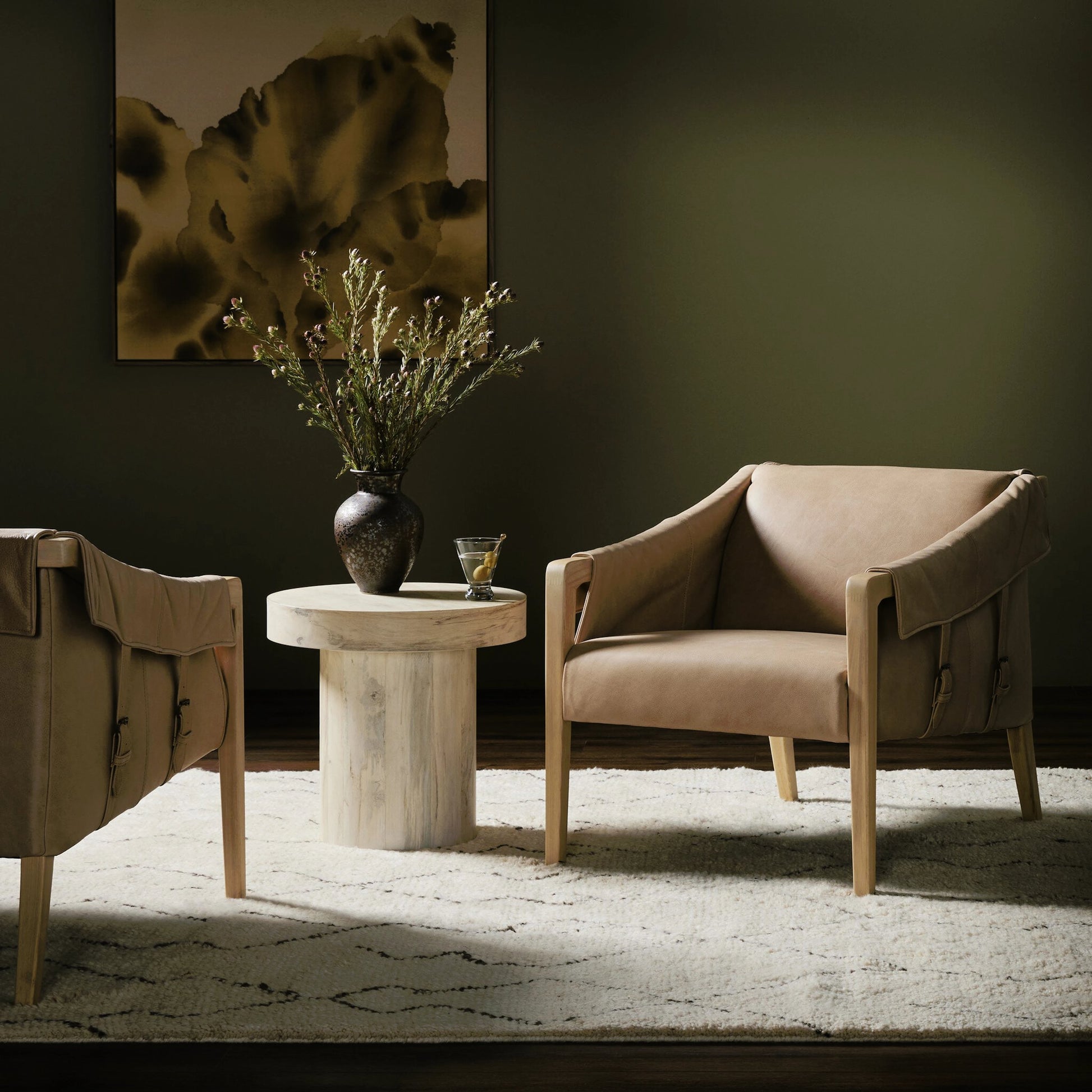 Bauer Chair by Four Hands in thames cream and distressed natural. Made from 66% polyester, 19% acrylic, 15% flax, linen, solid parawood, top grain leather in a modern style.