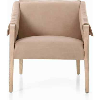 Bauer Chair by Four Hands in thames cream and distressed natural. Made from 66% polyester, 19% acrylic, 15% flax, linen, solid parawood, top grain leather in a modern style.