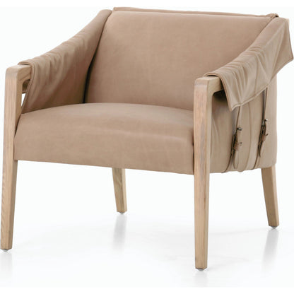 Bauer Chair by Four Hands in thames cream and distressed natural. Made from 66% polyester, 19% acrylic, 15% flax, linen, solid parawood, top grain leather in a modern style.