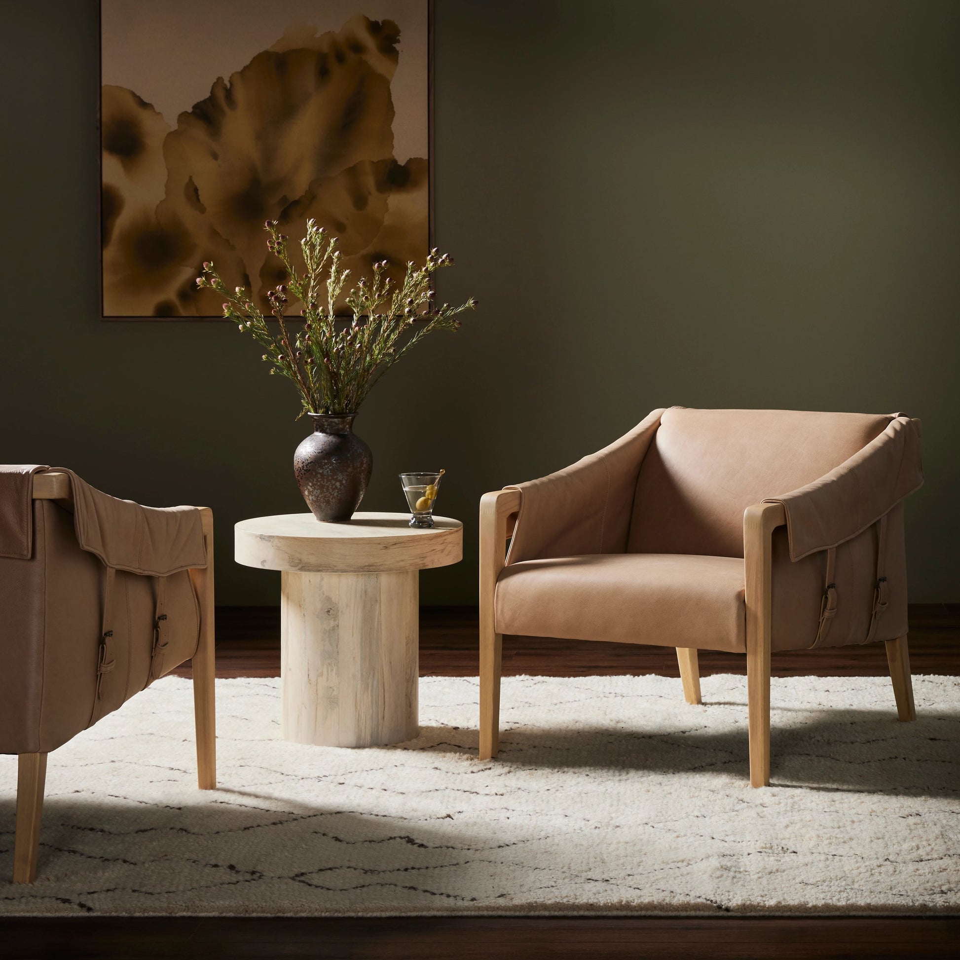 Bauer Chair by Four Hands in thames cream and distressed natural. Made from 66% polyester, 19% acrylic, 15% flax, linen, solid parawood, top grain leather in a modern style.