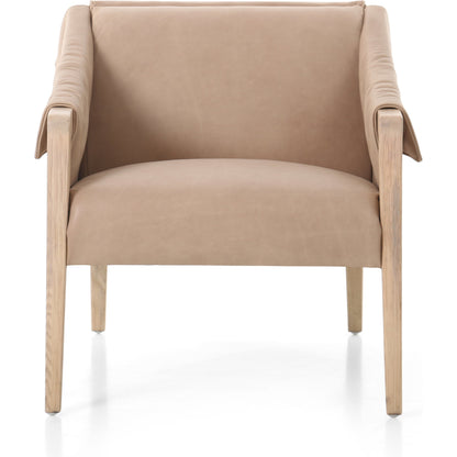 Bauer Chair by Four Hands in thames cream and distressed natural. Made from 66% polyester, 19% acrylic, 15% flax, linen, solid parawood, top grain leather in a modern style.