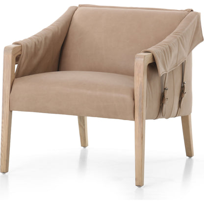 Bauer Chair by Four Hands in thames cream and distressed natural. Made from 66% polyester, 19% acrylic, 15% flax, linen, solid parawood, top grain leather in a modern style.
