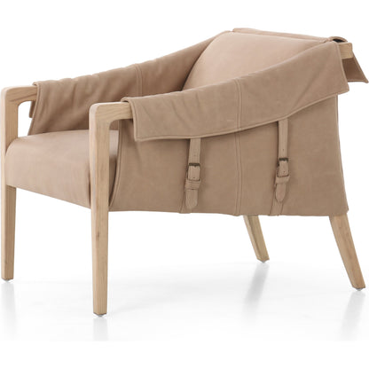 Bauer Chair by Four Hands in thames cream and distressed natural. Made from 66% polyester, 19% acrylic, 15% flax, linen, solid parawood, top grain leather in a modern style.