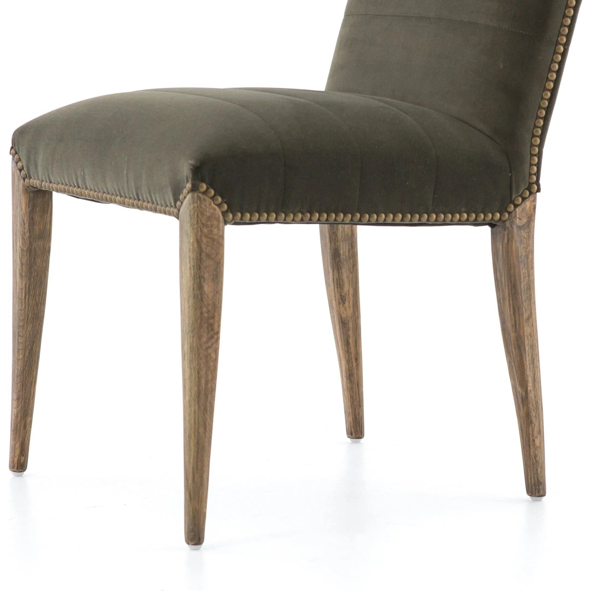 Nate Dining Chair by Four Hands in modern velvet loden, lamont nettlewood, brass nailhead. Made from 100% polyester, solid nettlewood, iron in a unique style.