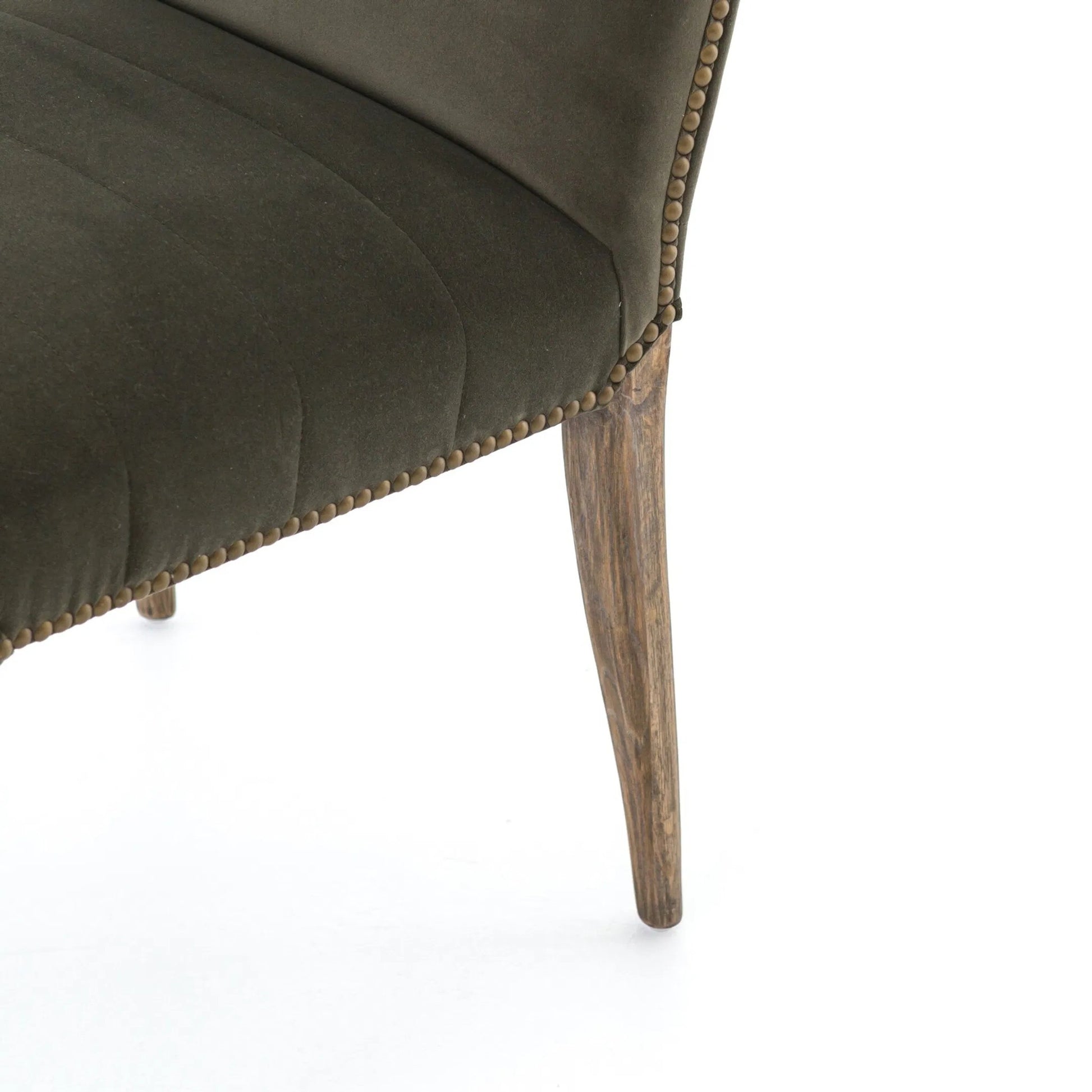 Nate Dining Chair by Four Hands in modern velvet loden, lamont nettlewood, brass nailhead. Made from 100% polyester, solid nettlewood, iron in a unique style.