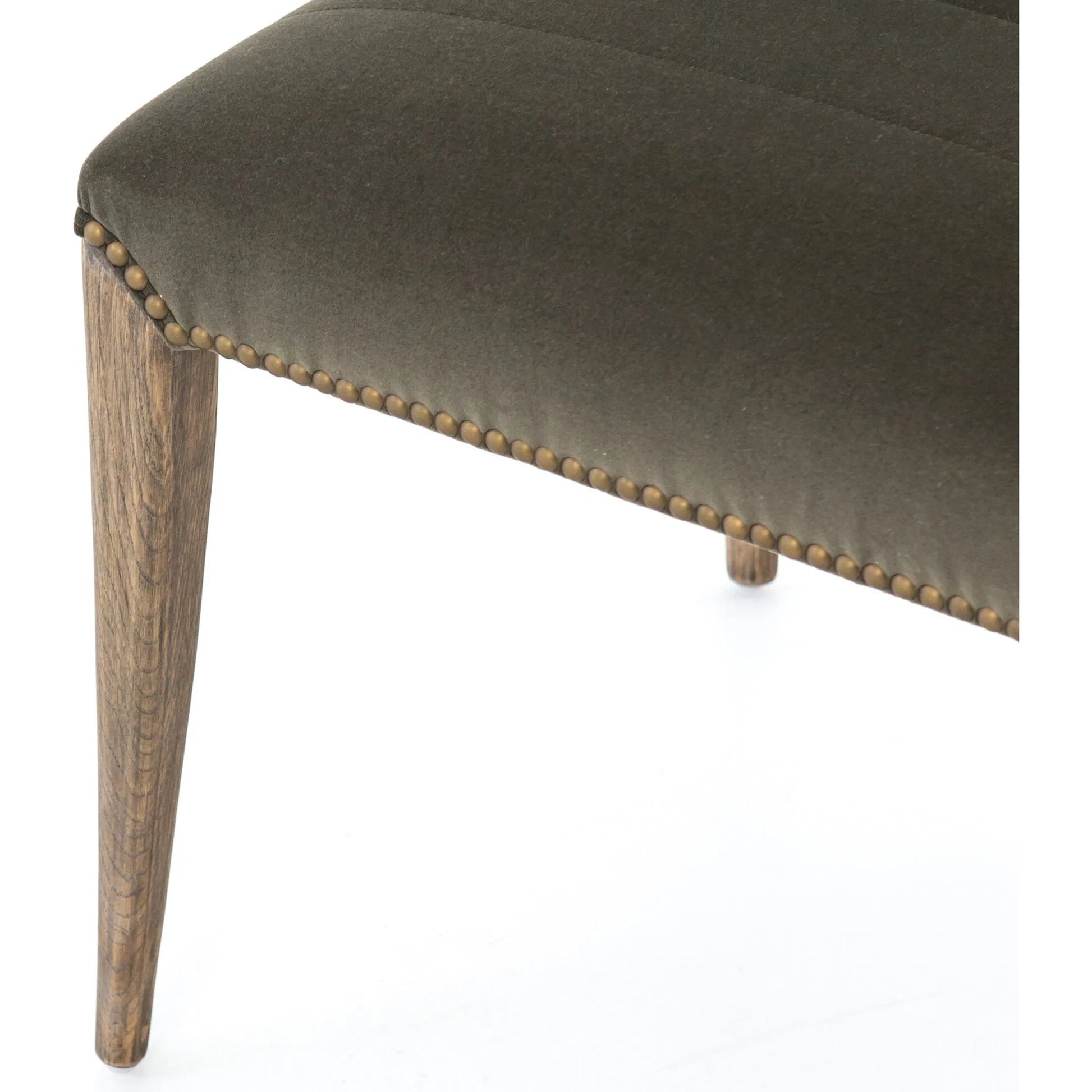 Nate Dining Chair by Four Hands in modern velvet loden, lamont nettlewood, brass nailhead. Made from 100% polyester, solid nettlewood, iron in a unique style.