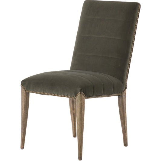 Nate Dining Chair by Four Hands in modern velvet loden, lamont nettlewood, brass nailhead. Made from 100% polyester, solid nettlewood, iron in a modern style.