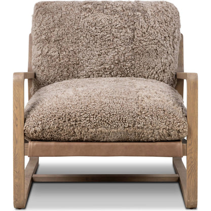 Shearling Ace Chair by Four Hands in taupe shearling, drifted oak, palermo cigar. Made from shearling, solid oak, top grain leather in a unique style.