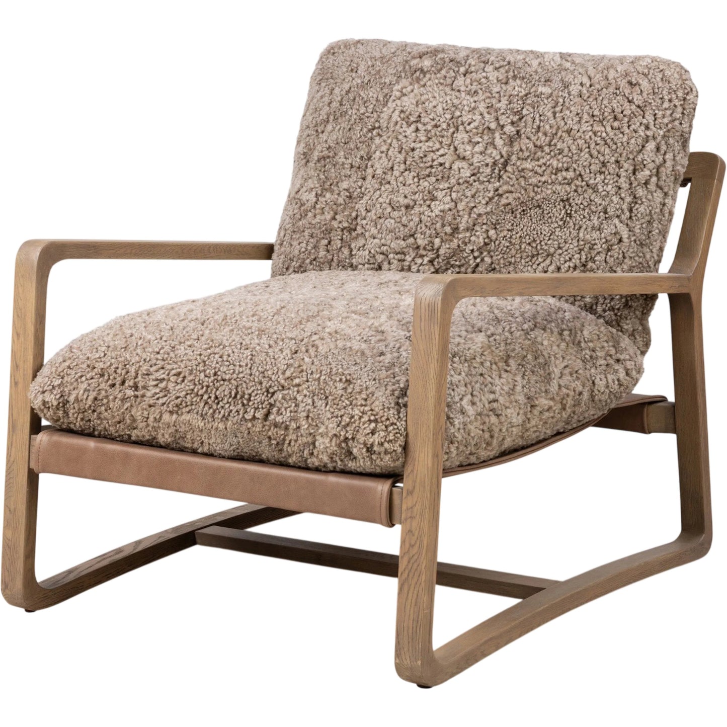 001 SI-2534739 | Primary Silo | Shearling Ace Chair by Four Hands in taupe shearling, drifted oak, palermo cigar. Made from shearling, solid oak, top grain leather in a unique style.