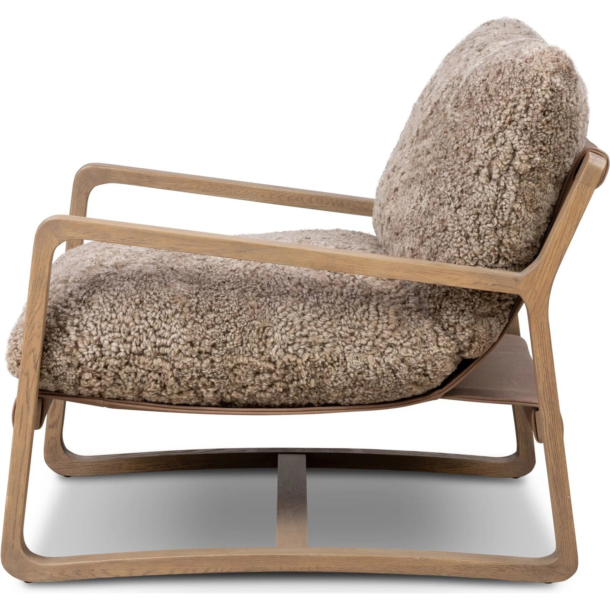 Shearling Ace Chair by Four Hands in taupe shearling, drifted oak, palermo cigar. Made from shearling, solid oak, top grain leather in a unique style.