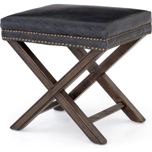 Elyse Ottoman by Four Hands in durango smoke and warm nettlewood, brass. Made from top grain leather, solid nettlewood, iron in a transitional style.