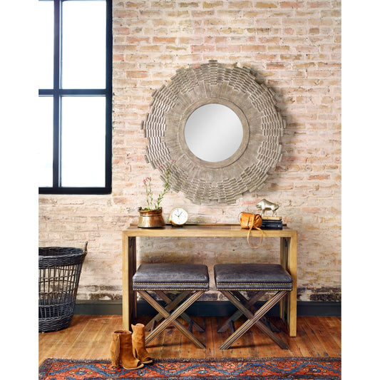 Elyse Ottoman by Four Hands in durango smoke and warm nettlewood, brass. Made from top grain leather, solid nettlewood, iron in a transitional style.
