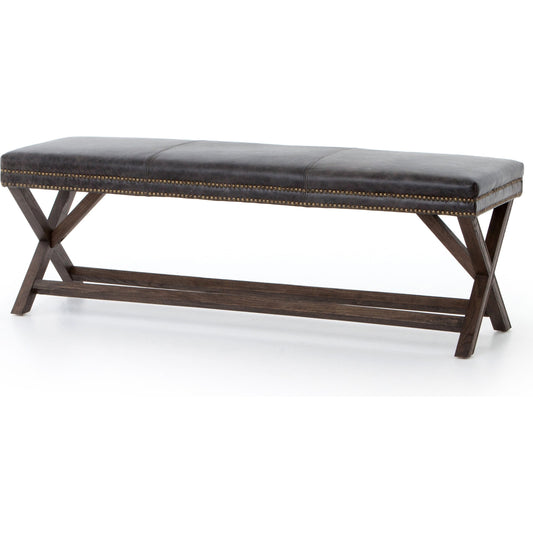 Elyse Bench by Four Hands in durango smoke and warm nettlewood, brass. Made from top grain leather, solid nettlewood, iron in a transitional style.