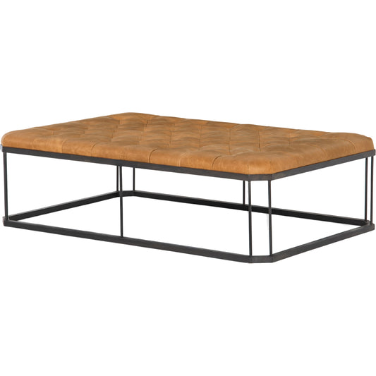 Isle Leather Ottoman by Four Hands in palermo butterscotch and aged bronze. Made from top grain leather, iron, 90% polyurethane foam, 10% fiber in a modern style.
