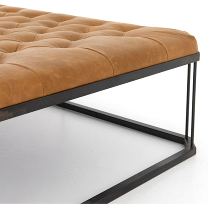 Isle Leather Ottoman by Four Hands in palermo butterscotch and aged bronze. Made from top grain leather, iron, 90% polyurethane foam, 10% fiber in a modern style.