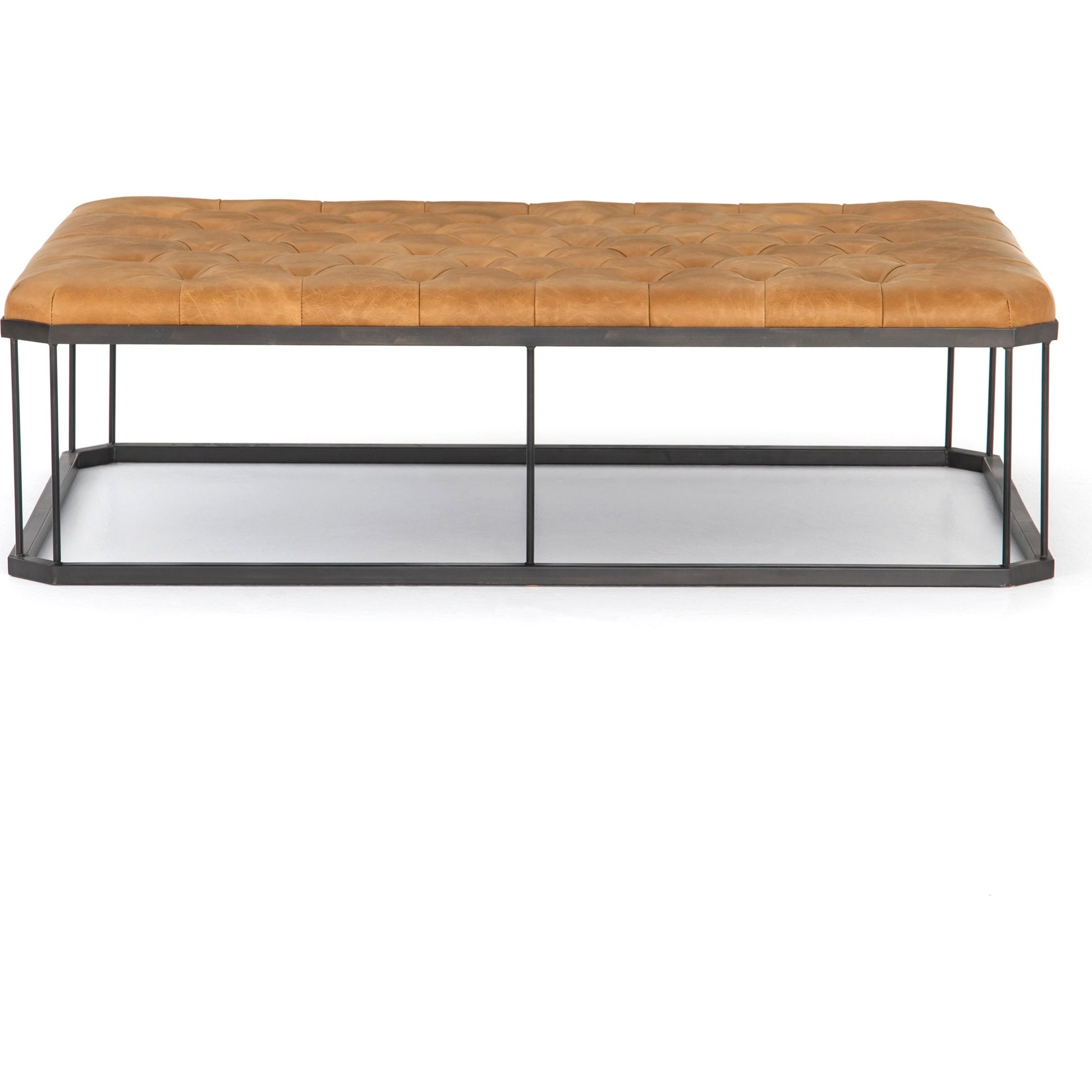 Isle Leather Ottoman by Four Hands in palermo butterscotch and aged bronze. Made from top grain leather, iron, 90% polyurethane foam, 10% fiber in a modern style.