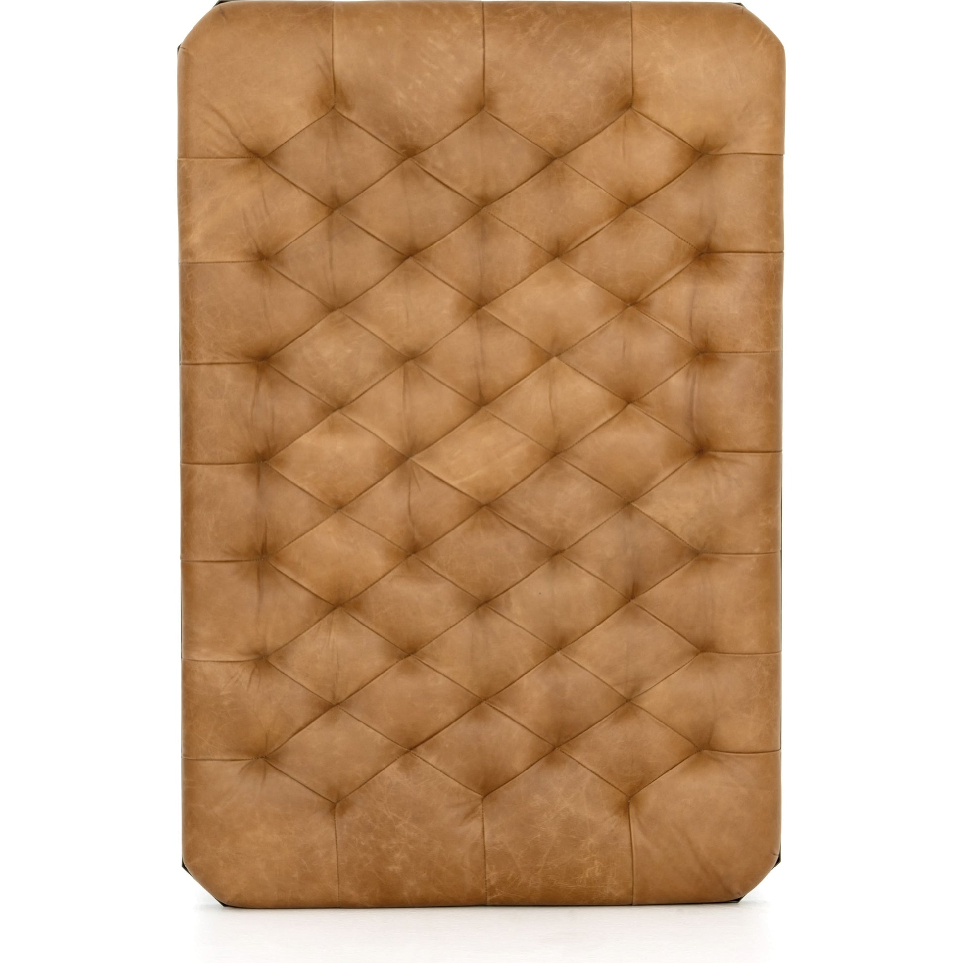 Isle Leather Ottoman by Four Hands in palermo butterscotch and aged bronze. Made from top grain leather, iron, 90% polyurethane foam, 10% fiber in a modern style.