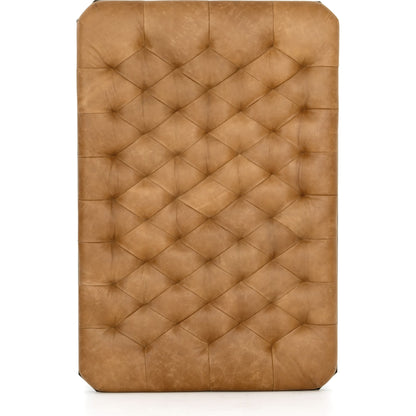 Isle Leather Ottoman by Four Hands in palermo butterscotch and aged bronze. Made from top grain leather, iron, 90% polyurethane foam, 10% fiber in a modern style.